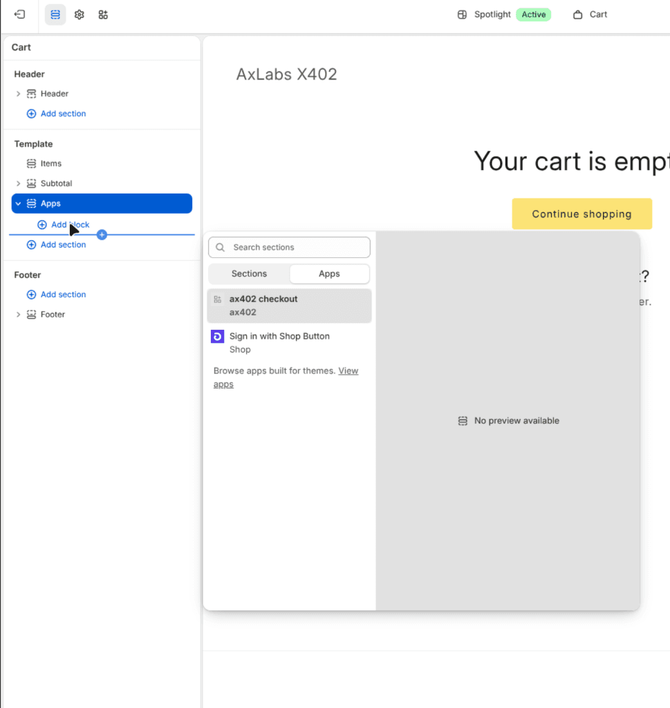 Add block dialog with the launa checkout app block